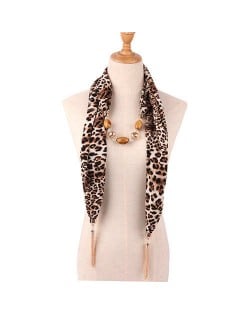 Beads and Tassel Embellished Leopard/ Snake Prints Women Scarf Necklace - Color 2