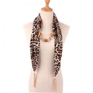 Beads and Tassel Embellished Leopard/ Snake Prints Women Scarf Necklace - Color 2