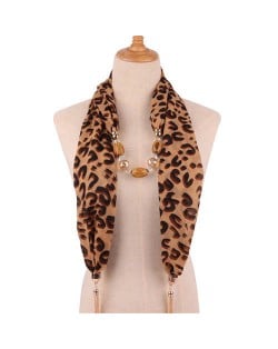 Beads and Tassel Embellished Leopard/ Snake Prints Women Scarf Necklace - Color 3