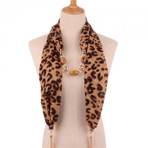 Beads and Tassel Embellished Leopard/ Snake Prints Women Scarf Necklace - Color 3