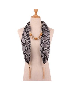 Beads and Tassel Embellished Leopard/ Snake Prints Women Scarf Necklace - Color 4