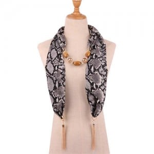 Beads and Tassel Embellished Leopard/ Snake Prints Women Scarf Necklace - Color 4