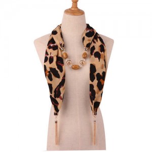 Beads and Tassel Embellished Leopard/ Snake Prints Women Scarf Necklace - Color 5