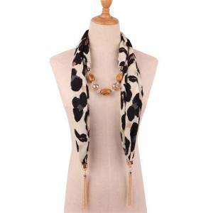 Beads and Tassel Embellished Leopard/ Snake Prints Women Scarf Necklace - Color 6