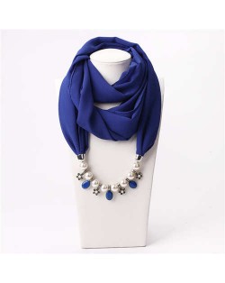 Pearl Chain Pendants Chiffon Women Scarf Necklace - Royal Blue