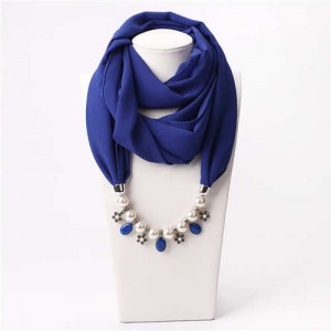 Pearl Chain Pendants Chiffon Women Scarf Necklace - Royal Blue