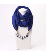 Pearl Chain Pendants Chiffon Women Scarf Necklace - Royal Blue