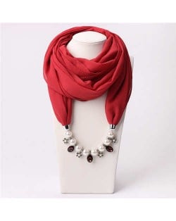 Pearl Chain Pendants Chiffon Women Scarf Necklace - Red