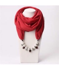 Pearl Chain Pendants Chiffon Women Scarf Necklace - Red