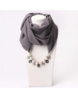 Pearl Chain Pendants Chiffon Women Scarf Necklace - Gray