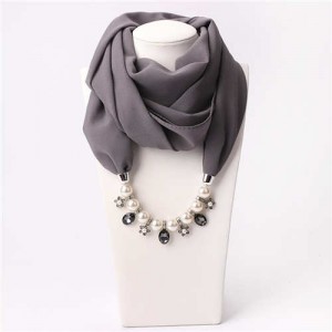 Pearl Chain Pendants Chiffon Women Scarf Necklace - Gray