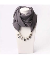 Pearl Chain Pendants Chiffon Women Scarf Necklace - Gray