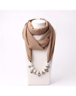 Pearl Chain Pendants Chiffon Women Scarf Necklace - Khaki