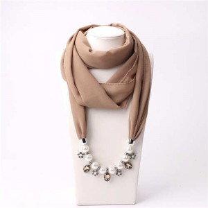 Pearl Chain Pendants Chiffon Women Scarf Necklace - Khaki