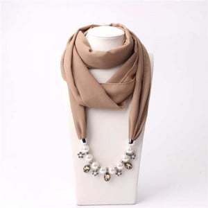 Pearl Chain Pendants Chiffon Women Scarf Necklace - Khaki