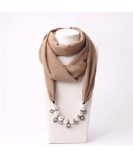 Pearl Chain Pendants Chiffon Women Scarf Necklace - Khaki