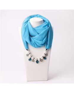 Pearl Chain Pendants Chiffon Women Scarf Necklace - Sky Blue