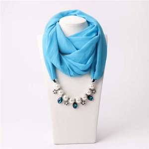 Pearl Chain Pendants Chiffon Women Scarf Necklace - Sky Blue