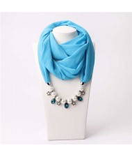Pearl Chain Pendants Chiffon Women Scarf Necklace - Sky Blue