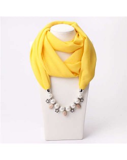 Pearl Chain Pendants Chiffon Women Scarf Necklace - Yellow