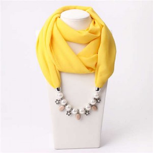 Pearl Chain Pendants Chiffon Women Scarf Necklace - Yellow