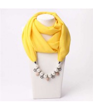 Pearl Chain Pendants Chiffon Women Scarf Necklace - Yellow