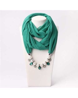 Pearl Chain Pendants Chiffon Women Scarf Necklace - Teal