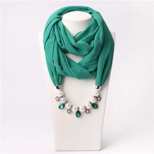 Pearl Chain Pendants Chiffon Women Scarf Necklace - Teal