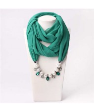 Pearl Chain Pendants Chiffon Women Scarf Necklace - Teal
