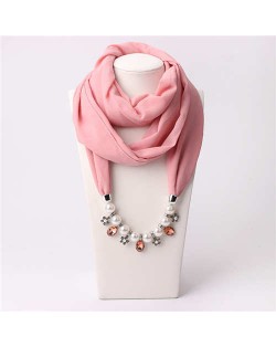 Pearl Chain Pendants Chiffon Women Scarf Necklace - Pink