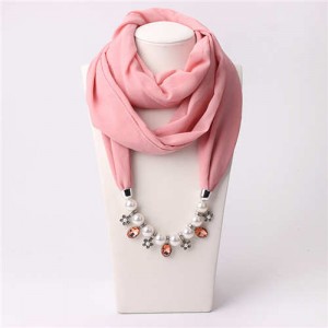 Pearl Chain Pendants Chiffon Women Scarf Necklace - Pink