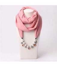 Pearl Chain Pendants Chiffon Women Scarf Necklace - Pink