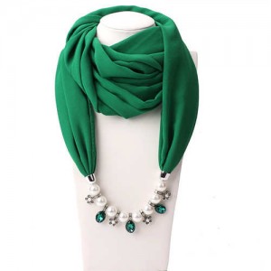 Pearl Chain Pendants Chiffon Women Scarf Necklace - Grass