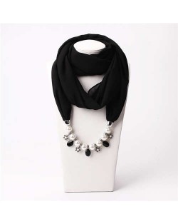 Pearl Chain Pendants Chiffon Women Scarf Necklace - Black