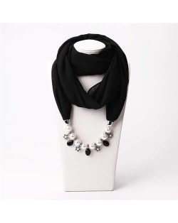 Pearl Chain Pendants Chiffon Women Scarf Necklace - Black