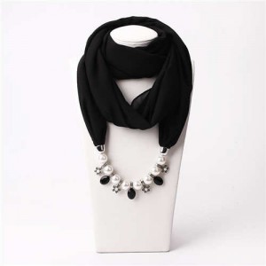 Pearl Chain Pendants Chiffon Women Scarf Necklace - Black