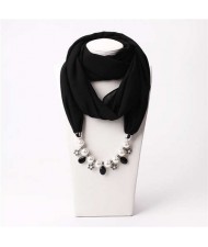 Pearl Chain Pendants Chiffon Women Scarf Necklace - Black