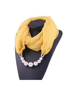 Pearl Embellished Solid Color Chiffon Women Scarf Necklace - Yellow