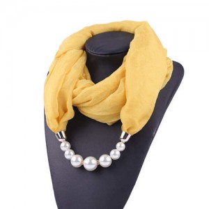 Pearl Embellished Solid Color Chiffon Women Scarf Necklace - Yellow