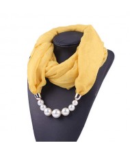 Pearl Embellished Solid Color Chiffon Women Scarf Necklace - Yellow