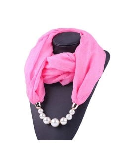 Pearl Embellished Solid Color Chiffon Women Scarf Necklace - Pink