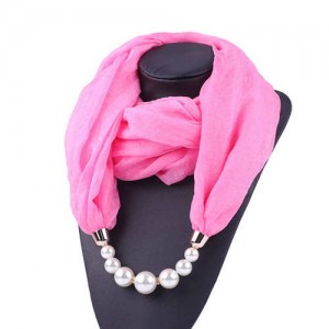 Pearl Embellished Solid Color Chiffon Women Scarf Necklace - Pink