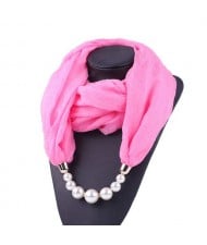 Pearl Embellished Solid Color Chiffon Women Scarf Necklace - Pink