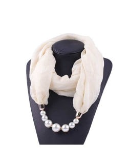 Pearl Embellished Solid Color Chiffon Women Scarf Necklace - White