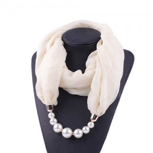 Pearl Embellished Solid Color Chiffon Women Scarf Necklace - White