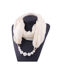Pearl Embellished Solid Color Chiffon Women Scarf Necklace - White