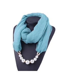 Pearl Embellished Solid Color Chiffon Women Scarf Necklace - Blue