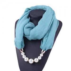 Pearl Embellished Solid Color Chiffon Women Scarf Necklace - Blue