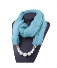 Pearl Embellished Solid Color Chiffon Women Scarf Necklace - Blue