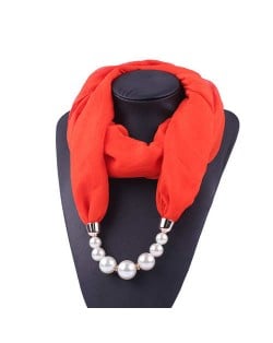 Pearl Embellished Solid Color Chiffon Women Scarf Necklace - Red